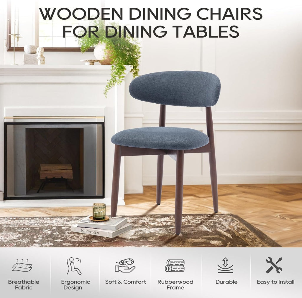 COLAMY Wooden Dining Chairs Set of 4, Modern Fabric Upholstered Dining Room Chair, Farmhouse Kitchen Side Chairs with Foot Pegs, Blue