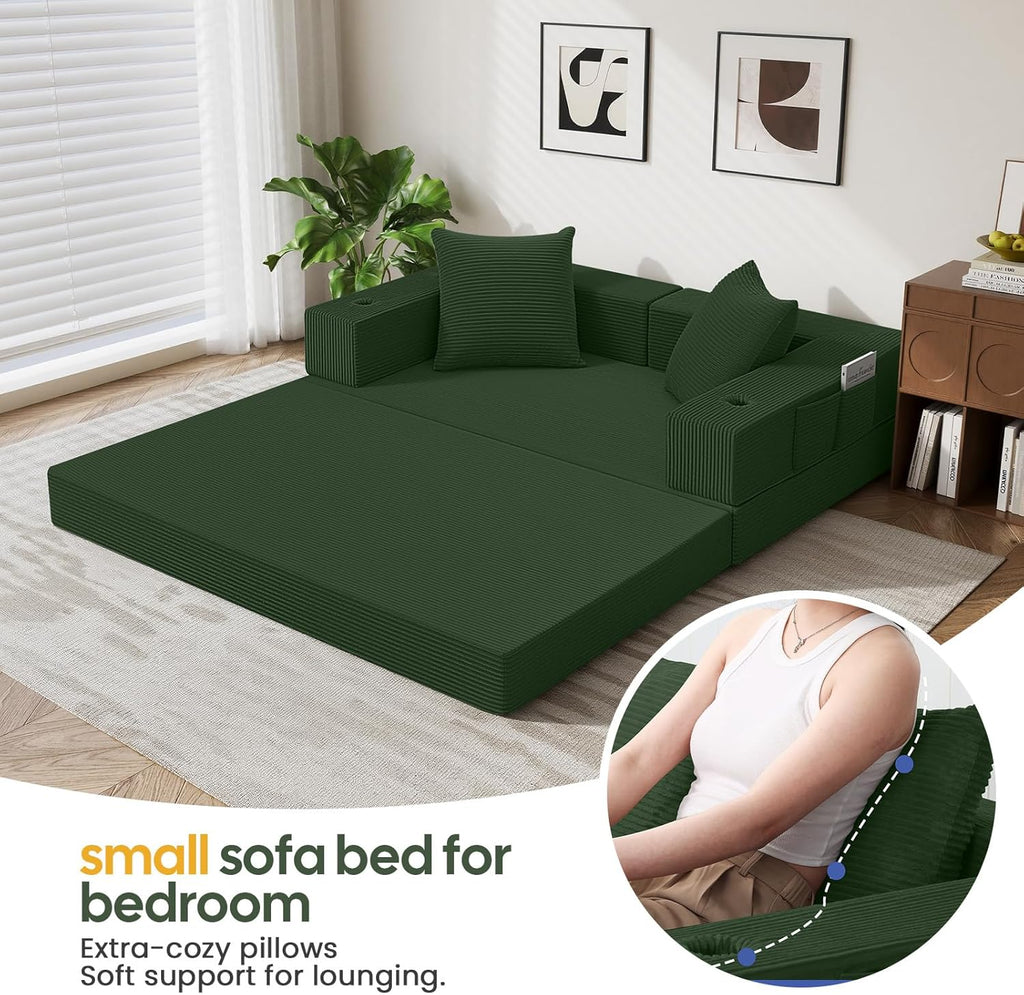 COMAX Futon Sofa Bed, 4‑in‑1 Convertible Sofa Bed, Folding Boneless Couches for Living Room, Fold Out Small Foldable Loveseat Floor Sleeper Comfy Mattress Lounge Space‑Saving, Green