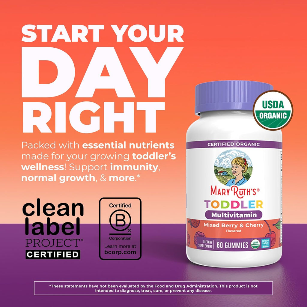 MaryRuth's Toddler Multivitamin Gummies | USDA Organic | 2 Month Supply | Kid & Toddlers Age 2+ Daily Multivitamin: Vitamin C, D3, Zinc | Kids Vitamins | Only 1 Gummy Per Day | 60 Ct (60 Day Supply)