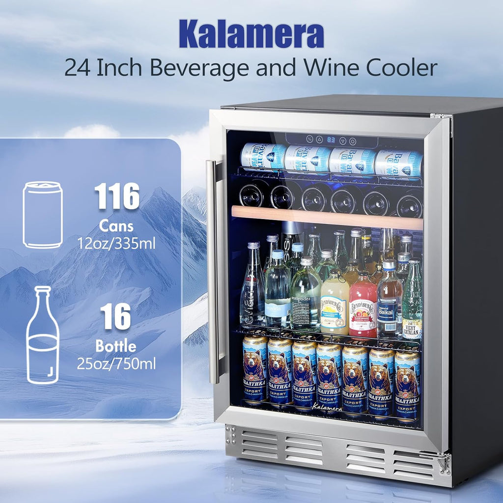 Kalamera Mini Fridge 24 Inch Undercounter Beverage and Wine Cooler Refrigerator Built-in or Freestanding - 118 Cans & 15 Bottles Capacity with LED Light Glass Door