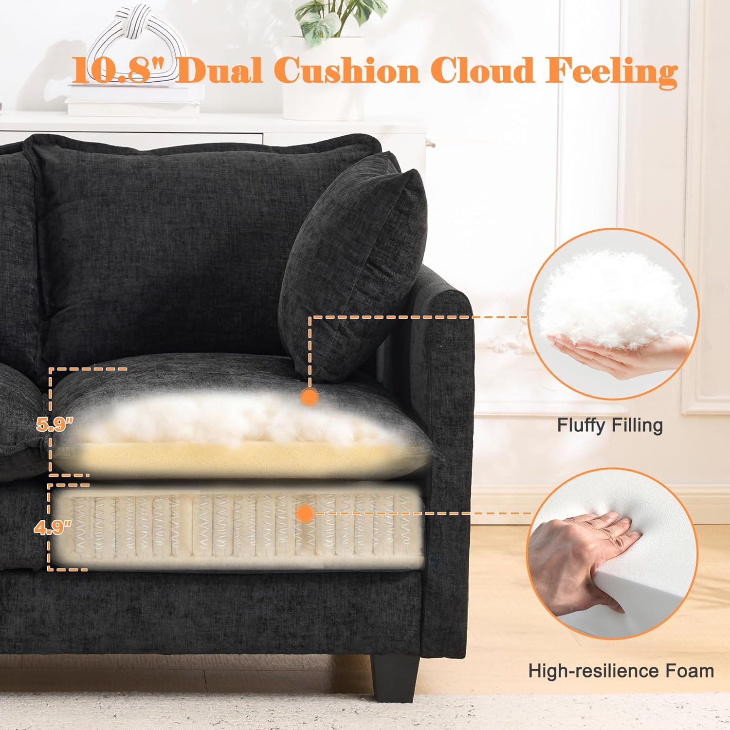 Loveseat Sofa Cloud Sofa Couch 50'', Modern Loveseats 2 Seat Couch 27" Deep Seat with 2 Pillows for Small Spaces Apartment Studio Office Bedroom Living Room 8834-BLACK-1