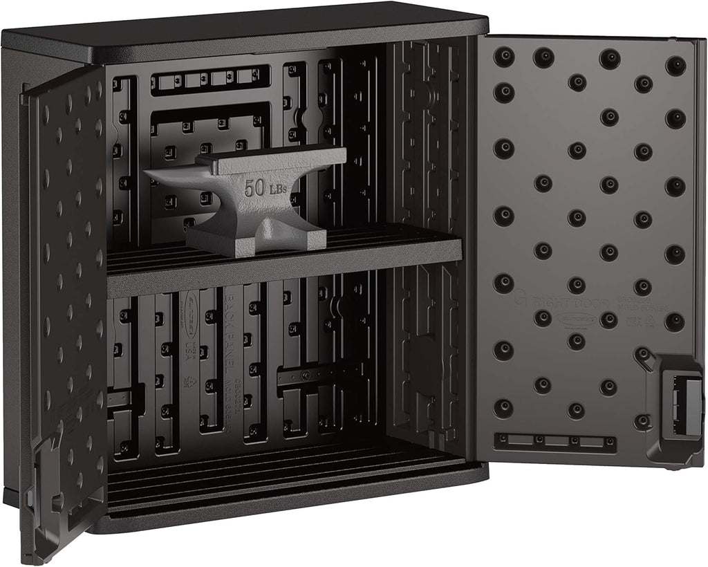 Suncast Commercial 4 Cubic Ft. Heavy-Duty Resin Wall Cabinet with Adjustable Metal-Reinforced Shelf, and Lockable Handles for Indoor and Outdoor Storage, Black, Made in the USA