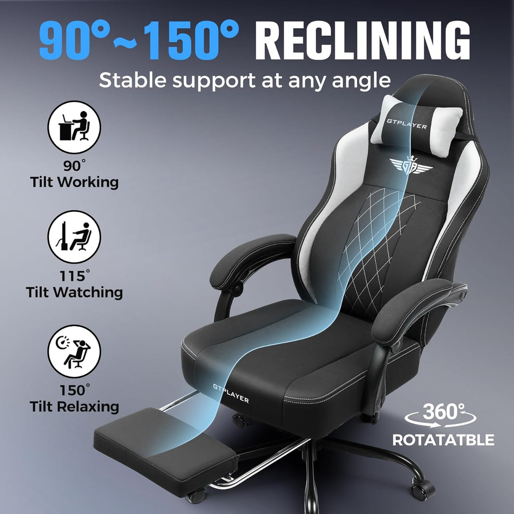 GTPLAYER Big and Tall Gaming Chair Breathable Fabric Computer Chair with Strong Lumbar Support, Comfortable Office Chairs with Pocket Spring Cushion, High Back Ergonomic Desk Chairs with Footrest