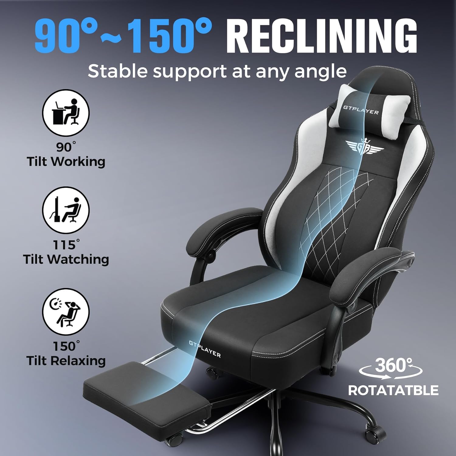 GTPLAYER Big and Tall Gaming Chair Breathable Fabric Computer Chair with Strong Lumbar Support, Comfortable Office Chairs with Pocket Spring Cushion, High Back Ergonomic Desk Chairs with Footrest