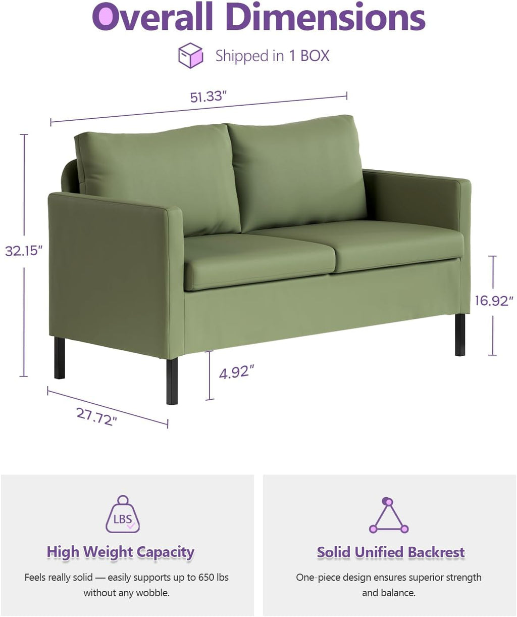 TYBOATLE Faux Leather Modern Small Couches for Small Spaces, Comfy Upholstered Love Seat for Bedroom, 2 Seater Mini Couch for Apartment, Dorm, Office, Green
