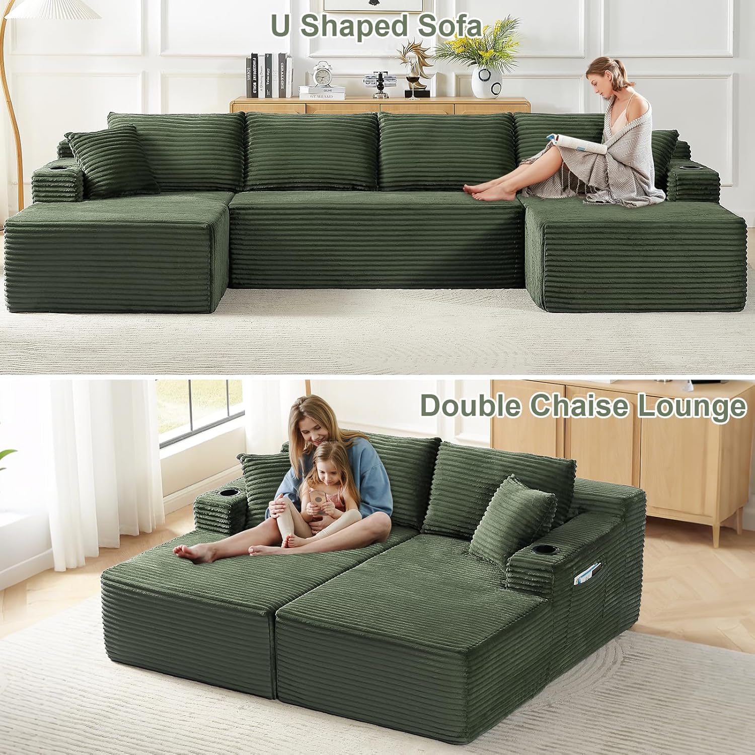 134" U Shaped Boneless Couch with Chaise, Oversized Modular Sectional Sofa with Cupholders & Storage Corduroy Cloud Couches for Living Room, Free Combination, No Assembly Required, Green