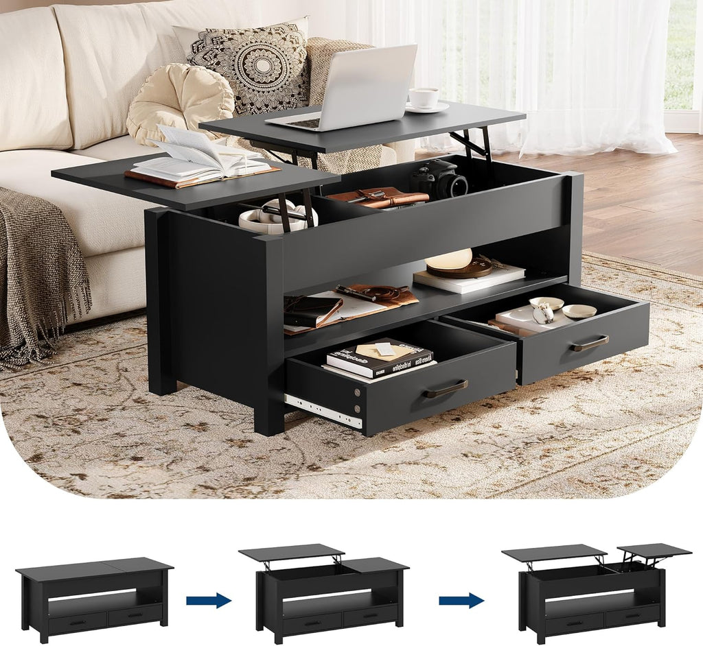 GarveeHome Coffee Table Lift Top, Convertible Coffee Table with Wooden Lift Tabletop, 2 Drawers and Hidden Compartment, Central Table with Storage for Living Room Home Office, Black