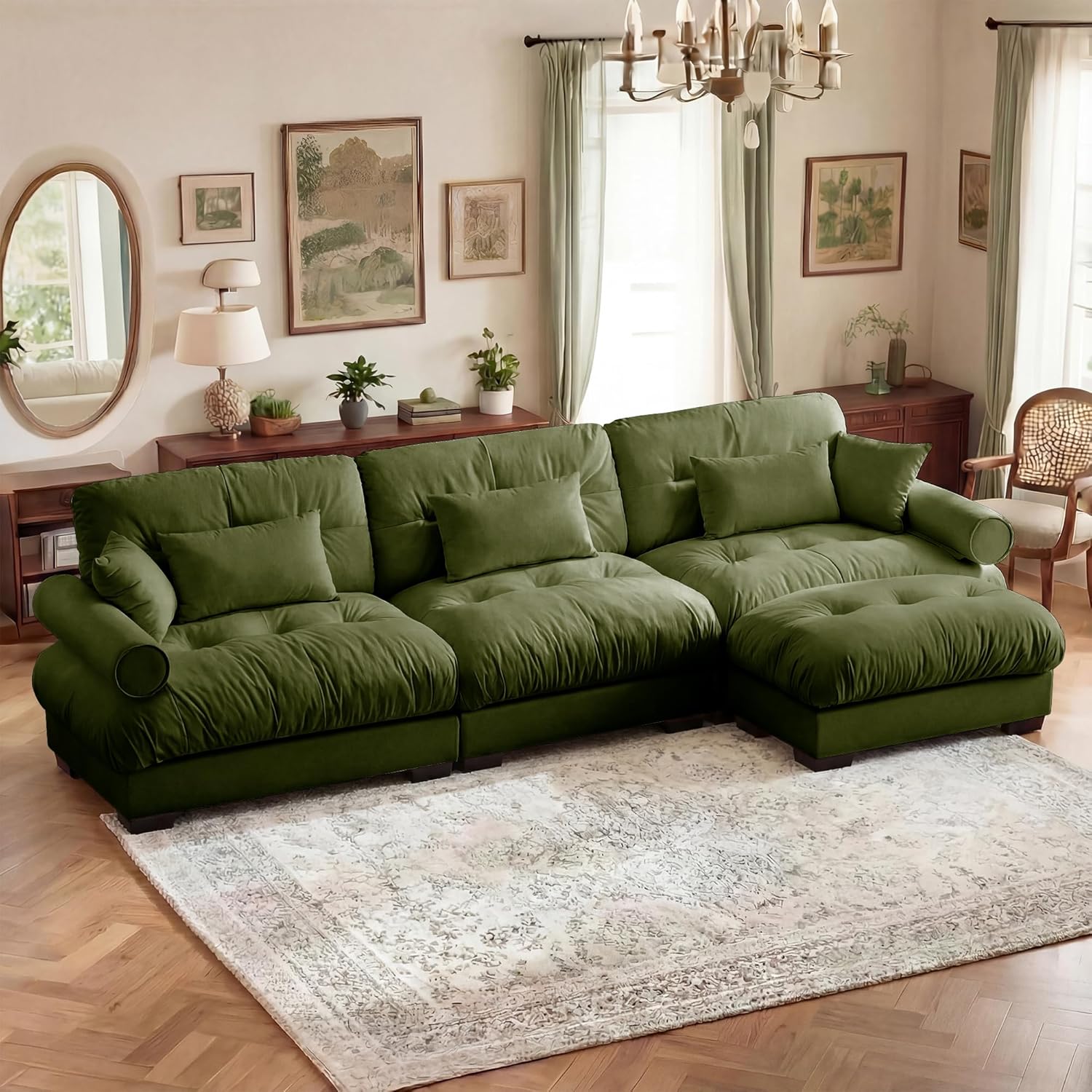 130" Modular Sectional Cloud Couch, Oversized 3-Seater Couch with Ottoman, Comfy Velvet Fluffy Sofa, Deep Seat L Shaped Sectional Couches for Living Room
