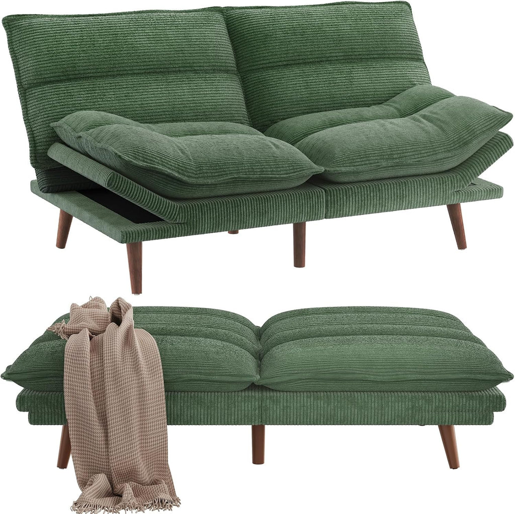 Pipishell Futon Sofa Bed, Convertible Futon Adjustable Backrest & Armrests, Corduroy Sleeper Couch for Small Spaces, Living Room, Office, Guest Room (Moss Green, 66 Inch)