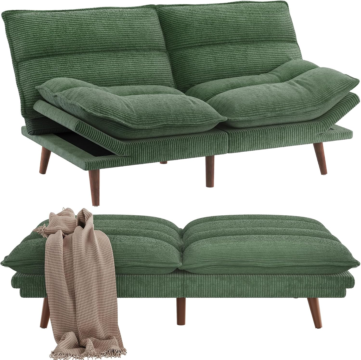Pipishell Futon Sofa Bed, Convertible Futon Adjustable Backrest & Armrests, Corduroy Sleeper Couch for Small Spaces, Living Room, Office, Guest Room (Moss Green, 66 Inch)