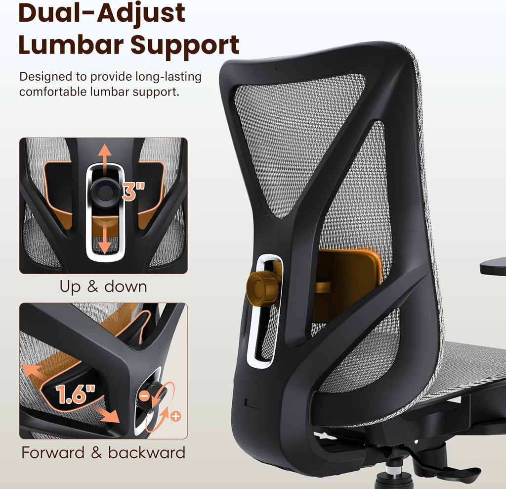 Ergonomic Office Chair, Mesh Computer Desk Chairs with Adjustable Lumbar Support, 3D Armrest, Tilt Function, Comfy Wide Seat, Executive Work Task Chair for Company & Home, Gaming Chair (Grey)