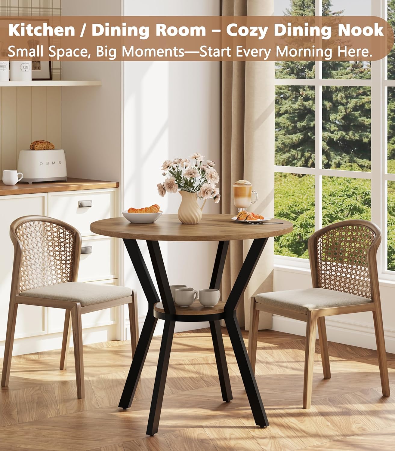Round Kitchen Tables for 2-4, 31.5" Small Dining Tables with Storage, Rustic Wood Circle Dinner Table with Metal Leg, Farmhouse Dinner Table for Small Space, Dining Room, Kitchen, Office, Apartment