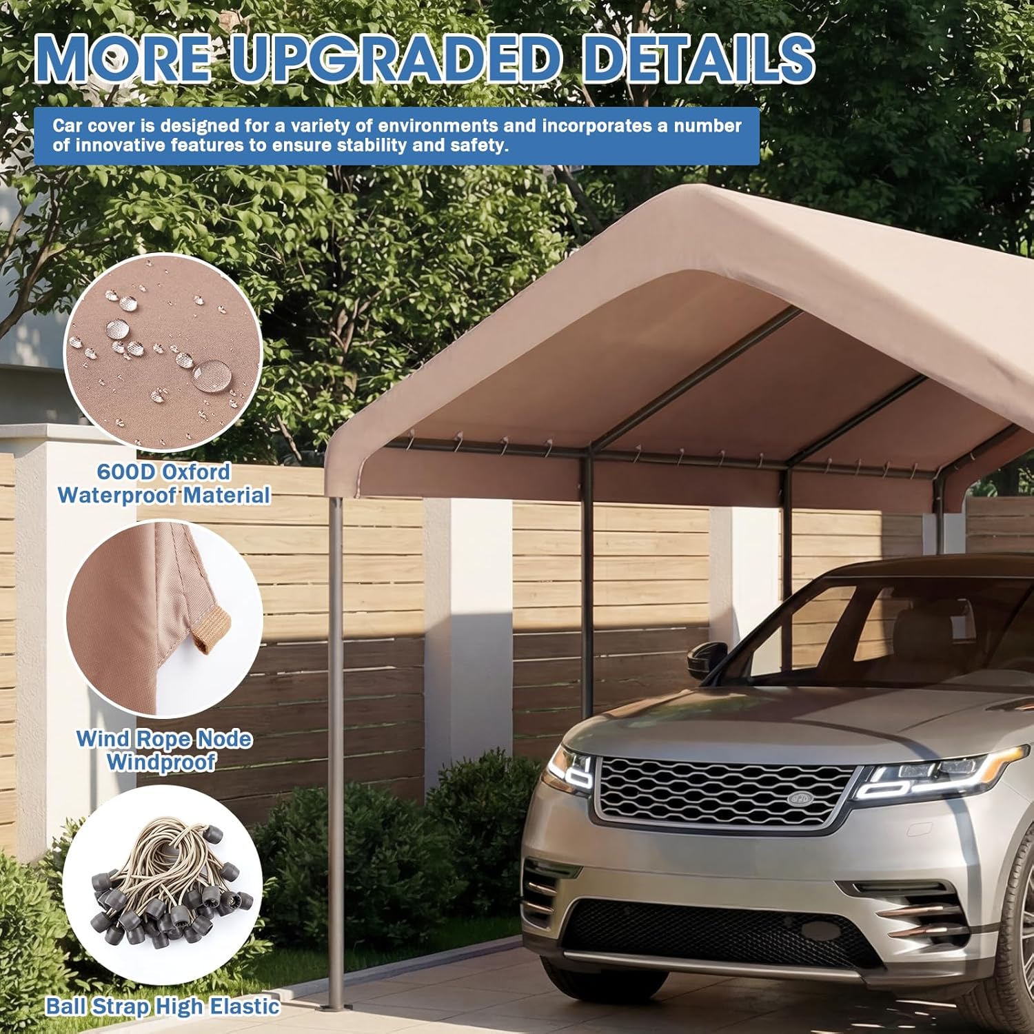 10x20FT Canopy Replacement Cover, Carport Replacement Canopy for 10' x 20' Frame, 800D Oxford Waterproof & UV Protected Tarp with Ball Bungees (Frame is not Included) (Beige)