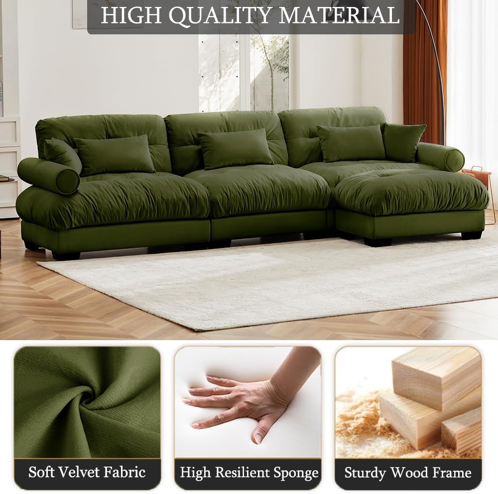 130" Modular Sectional Cloud Couch, Oversized 3-Seater Couch with Ottoman, Comfy Velvet Fluffy Sofa, Deep Seat L Shaped Sectional Couches for Living Room