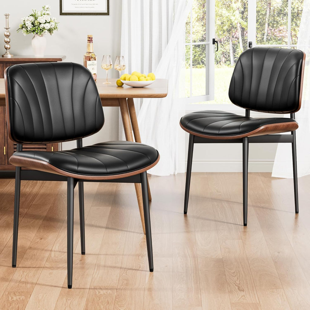 REONEY Dining Chairs Set of 4, Mid-Century Modern Upholstered PU Leather Chairs with Walnut Bentwood Back and Metal Legs Adjustable Feet for Kitchen Dining Room, Black Shell Strips