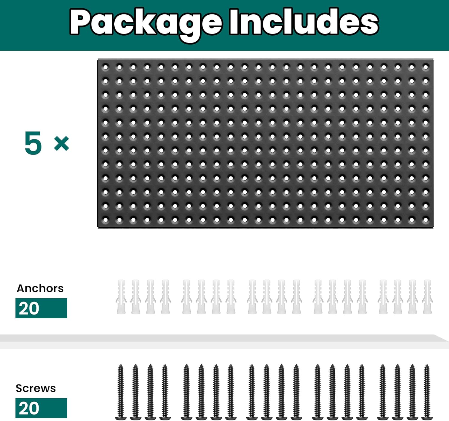 EVERHANGER Metal Pegboard Panels 24" x 12", Heavy Duty Steel Peg Boards for Garage, Pegboard Wall Organizer for Tool Storage and Organization, Black, 5 Pack