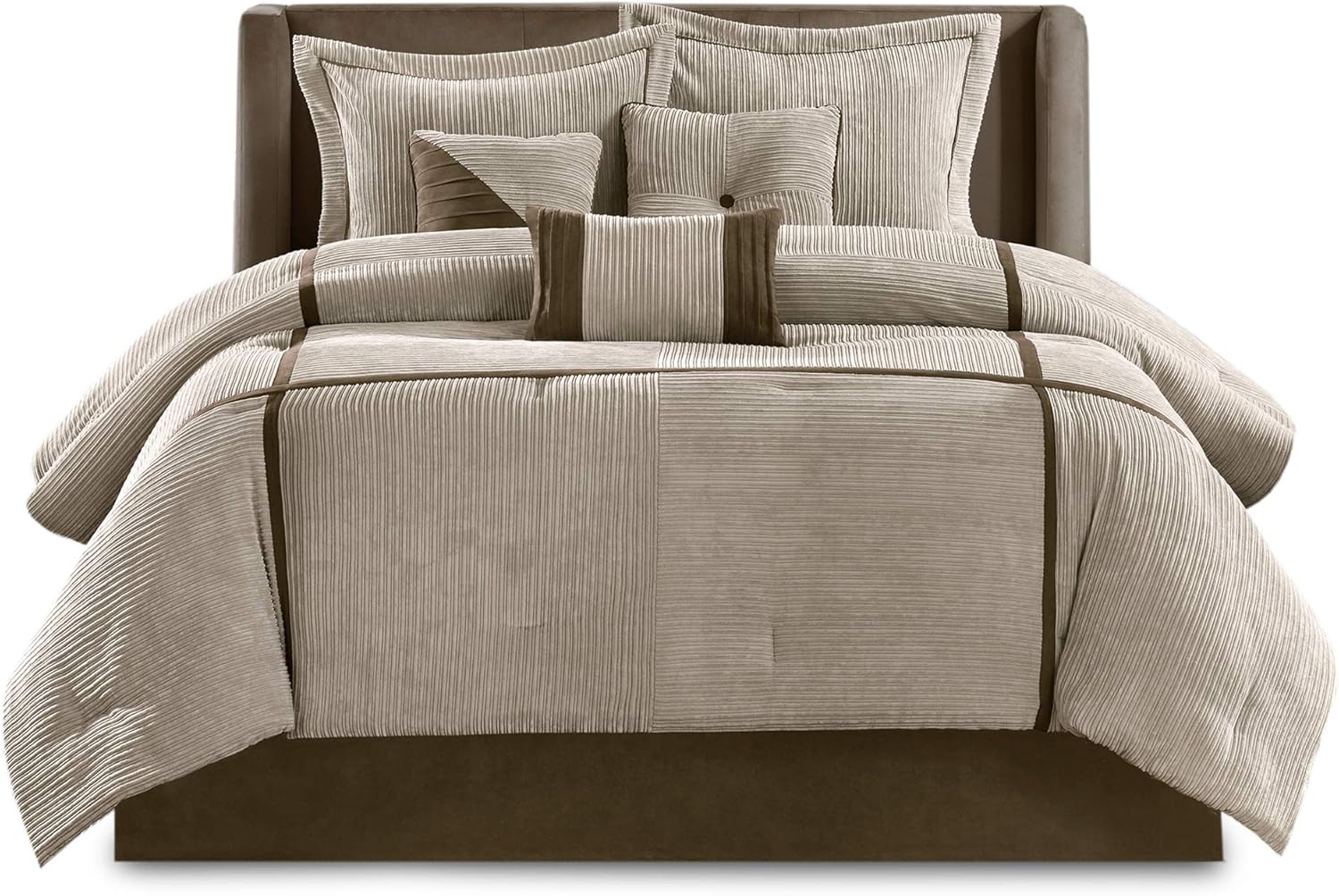 Madison Park Cozy Comforter Set Casual Blocks Design All Season, Matching Bed Skirt, Decorative Pillows, King(104"x92"), Dallas Corduroy, Taupe Brown, 7 Piece