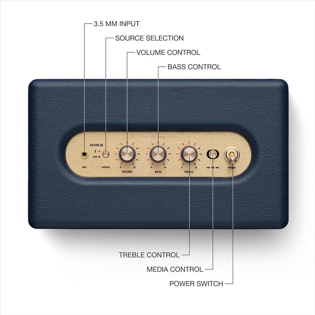 Marshall Acton III Bluetooth Home Speaker - Loud Stereo Sound with Bass and Treble Controls | Plug-in Powered | 3.5 mm Aux Input - Midnight Blue