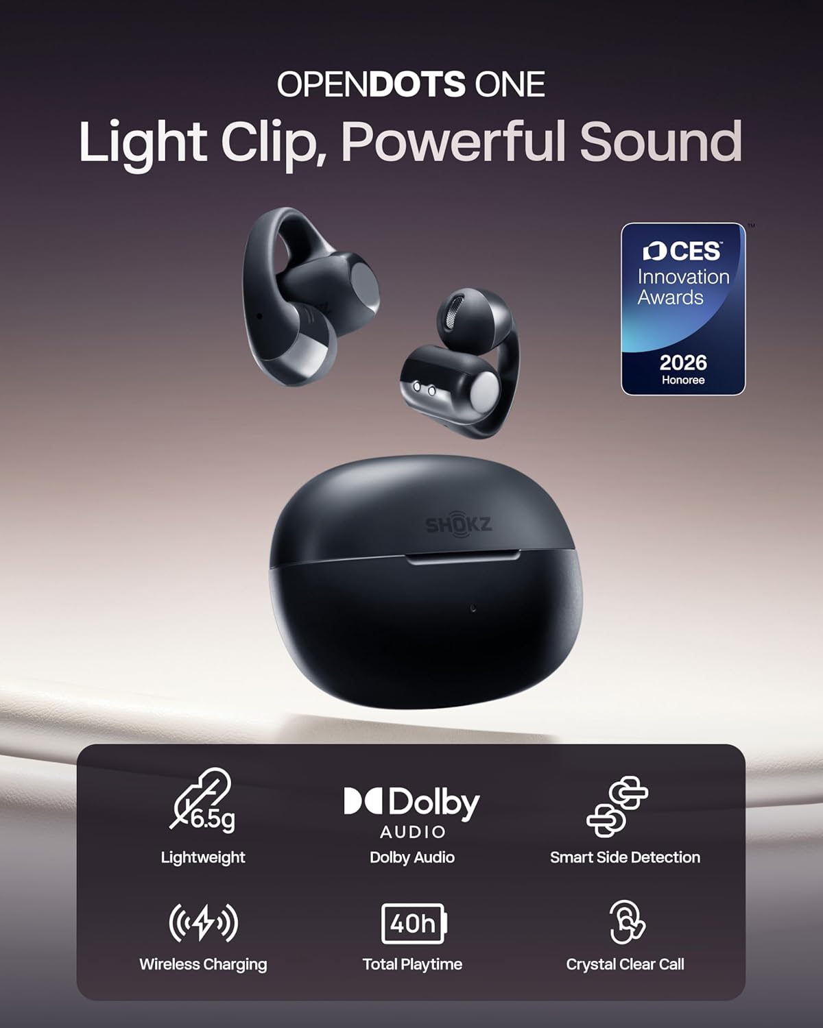 SHOKZ OpenDots ONE-Open-Ear Headphones, Clip-On Earbuds-Wireless Bluetooth Earbuds with Microphone-Secure, Lightweight, Comfort-Premium Dolby Audio-Water Resistant-Fast Charging-Up to 40 hrs Playtime