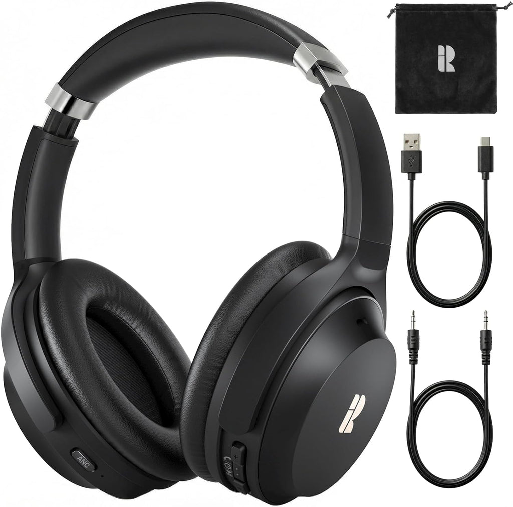 Active Noise Cancelling Headphones, Wireless Over-Ear Bluetooth Headphones ANC, Hi-Res Audio, 60H Playtime, Deep Bass, 3.5MM Cable, Memory Foam Ear Cups for Work/Travel/Home/Office