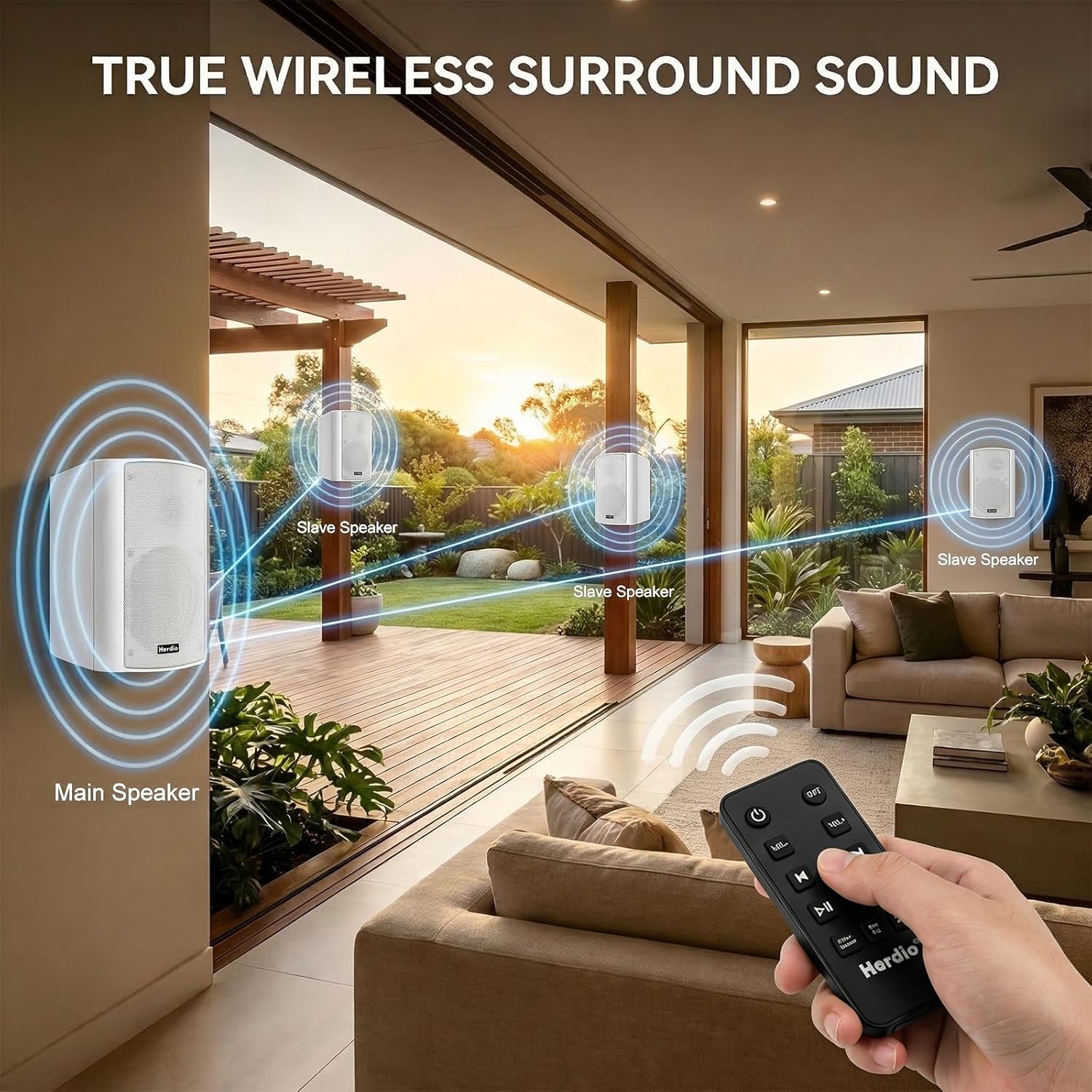 Herdio 6.5" 400W Outdoor Bluetooth Speakers, IPX5 Waterproof Rating and Be Able to Wireless Multi-Connection Up to 20 Units for Patio/Porch/Balcony (White, 2-Pack)