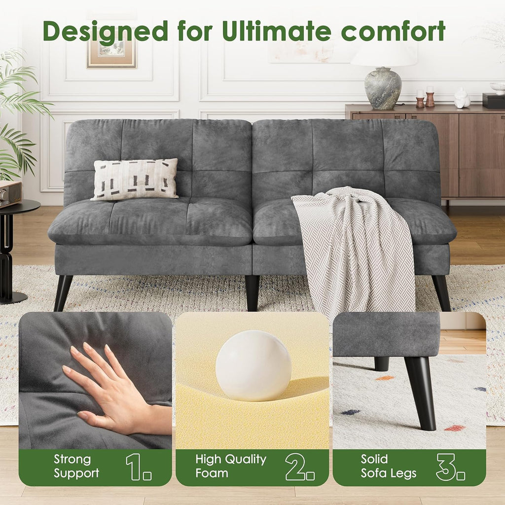 Vongrasig Futon Sofa Bed Velvet Futon Couch with Adjustable Backrest, Small Convertible Folding Sleeper Sofa Bed, Modern Loveseat for Living Room, Bedroom and Small Space, Gray