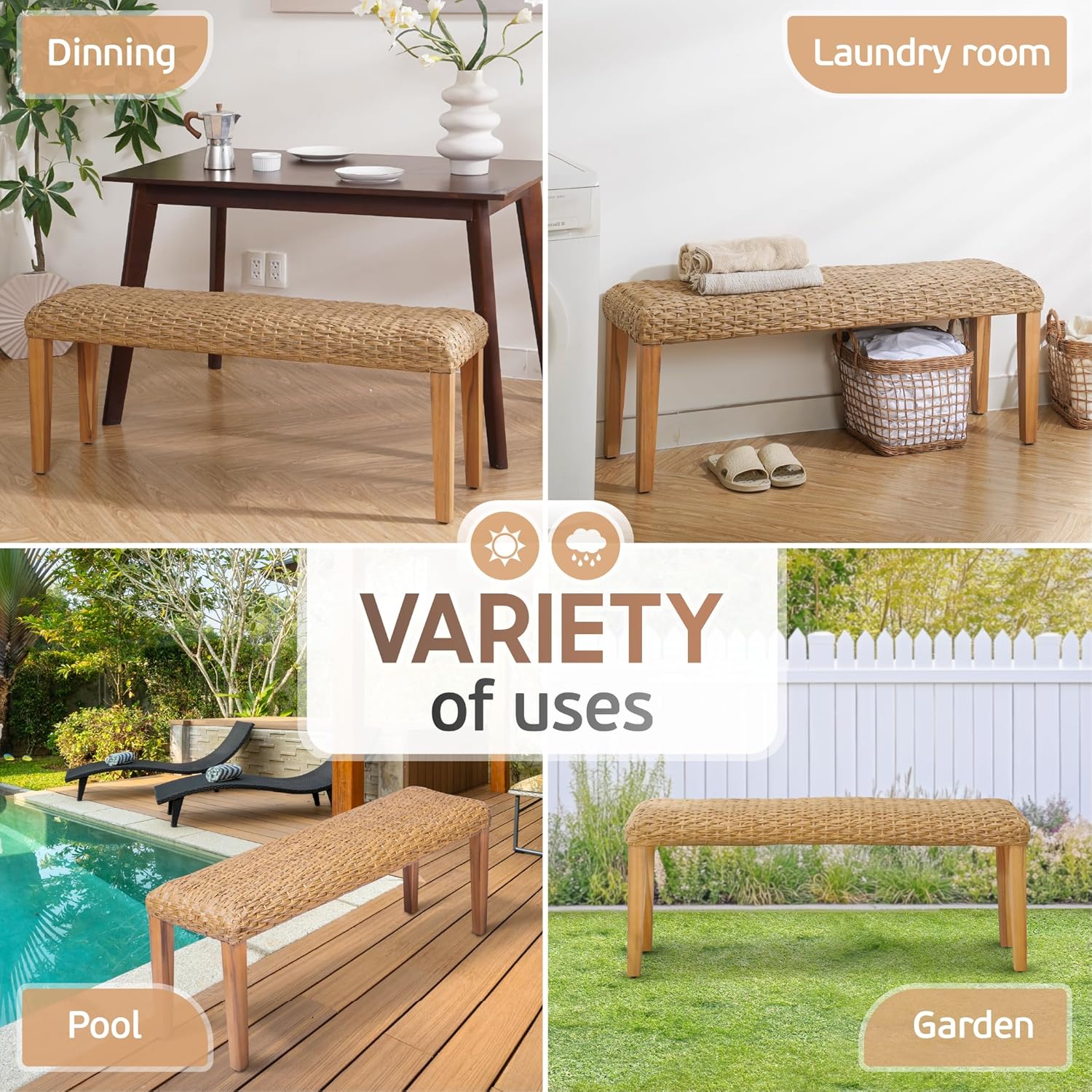 Outdoor Backless Bench, All-Weather Wicker & Solid Acacia Wood, Premium Garden Bench with Woven Rattan Seat and Thick Outdoor Cushion for Patio, Porch, Living Room or Entryway (Natural, PE Wicker).