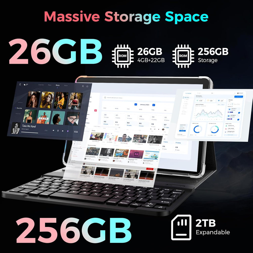 Tablet with Keyboard, 2026 Android 15 tablet with 26GB+256GB+2TB Expand, 10 Inch Tablet PC with 8-Core, Gemini AI, 5G WiFi, 8000mAh, BT5.0, GPS, Electronics Tablets with Case/Mouse/Stylus(Silver Case)