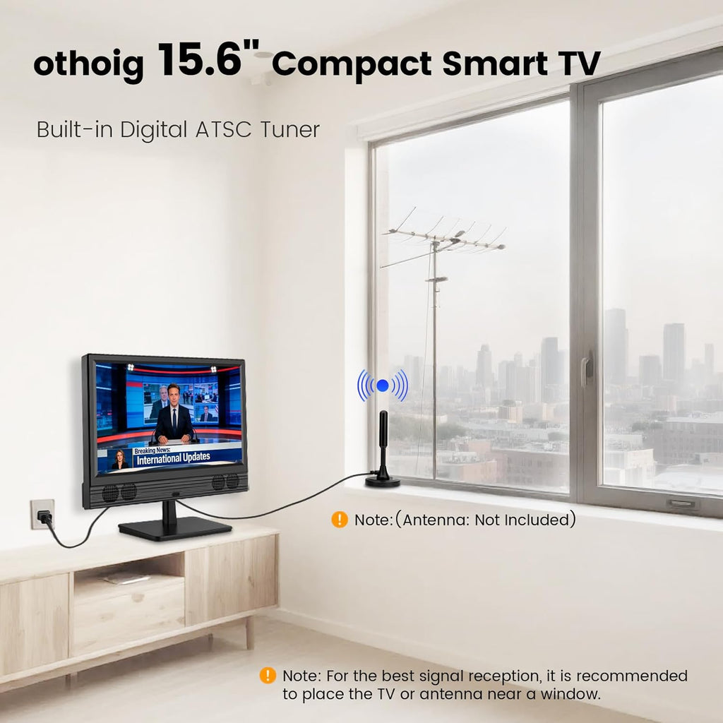 othoig 15.6 Inch Small Smart TV, FHD 1080p Compact Smart TV with Built-in Apps, WiFi & Bluetooth, ATSC Digital Tuner, HDMI/USB/AV Inputs, 110–220V AC Power TV for Kitchen, Bedroom, RV, Camper, Truck