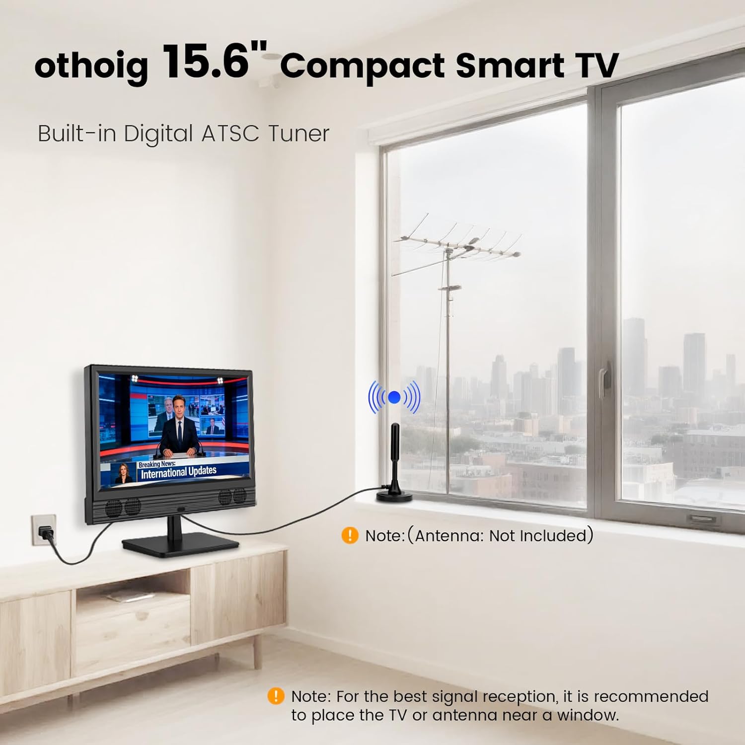 othoig 15.6 Inch Small Smart TV, FHD 1080p Compact Smart TV with Built-in Apps, WiFi & Bluetooth, ATSC Digital Tuner, HDMI/USB/AV Inputs, 110–220V AC Power TV for Kitchen, Bedroom, RV, Camper, Truck