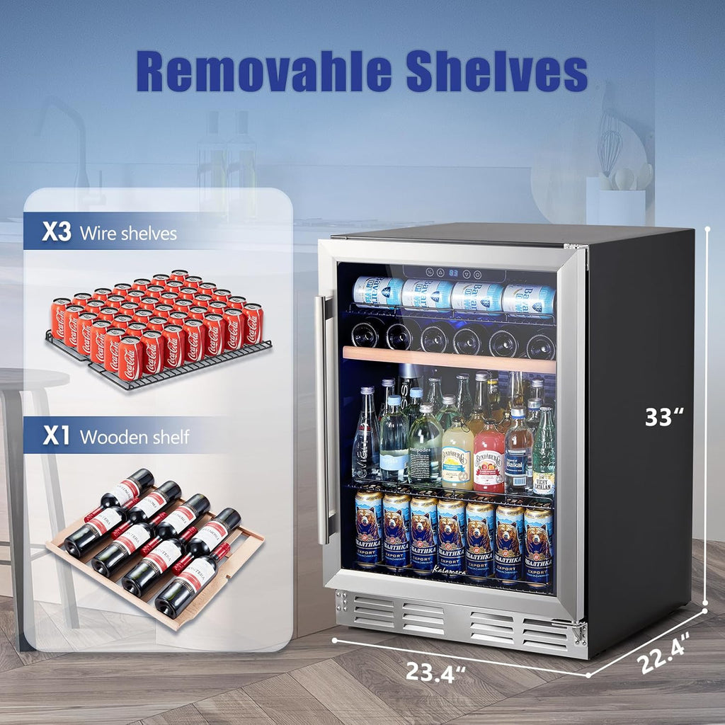 Kalamera Mini Fridge 24 Inch Undercounter Beverage and Wine Cooler Refrigerator Built-in or Freestanding - 118 Cans & 15 Bottles Capacity with LED Light Glass Door