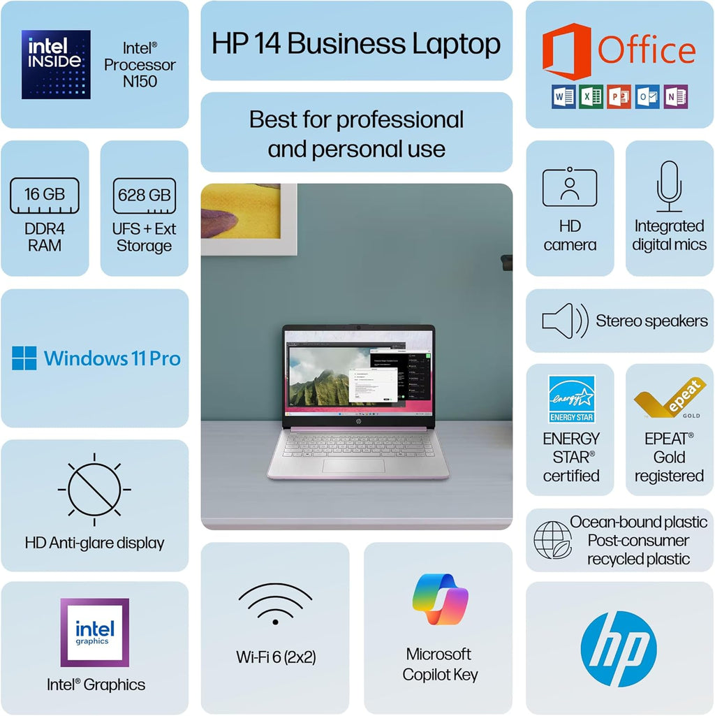 HP Ultrabook 14 Laptop Computer Business Study & Home 2025, Lifetime MS Office + Windows 11 Pro, Quad-Core Intel CPU, 16GB RAM & 628GB Storage (128GB UFS+500GB Ext), WiFi 6, HubxcelAccessory, Lavender