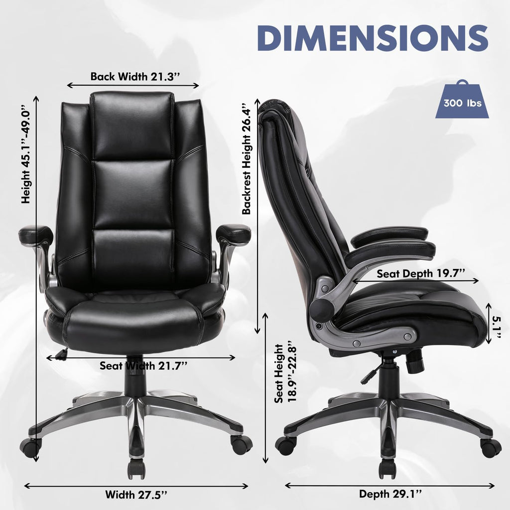 COLAMY Leather Executive Office Chair - High Back Home Computer Desk Chair with Padded Flip-up Arms, Adjustable Tilt Lock, Swivel Rolling Ergonomic Chair for Adult Working Study, Black