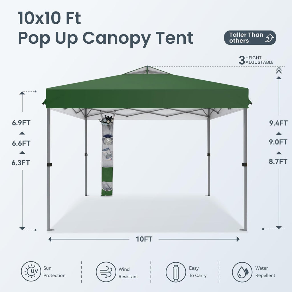 PHI VILLA 10x10ft 1-Person Setup Pop Up Canopy Tent Instant Portable Shelter w/ 1-Button Push, Case, 4 Weight Bags - Green