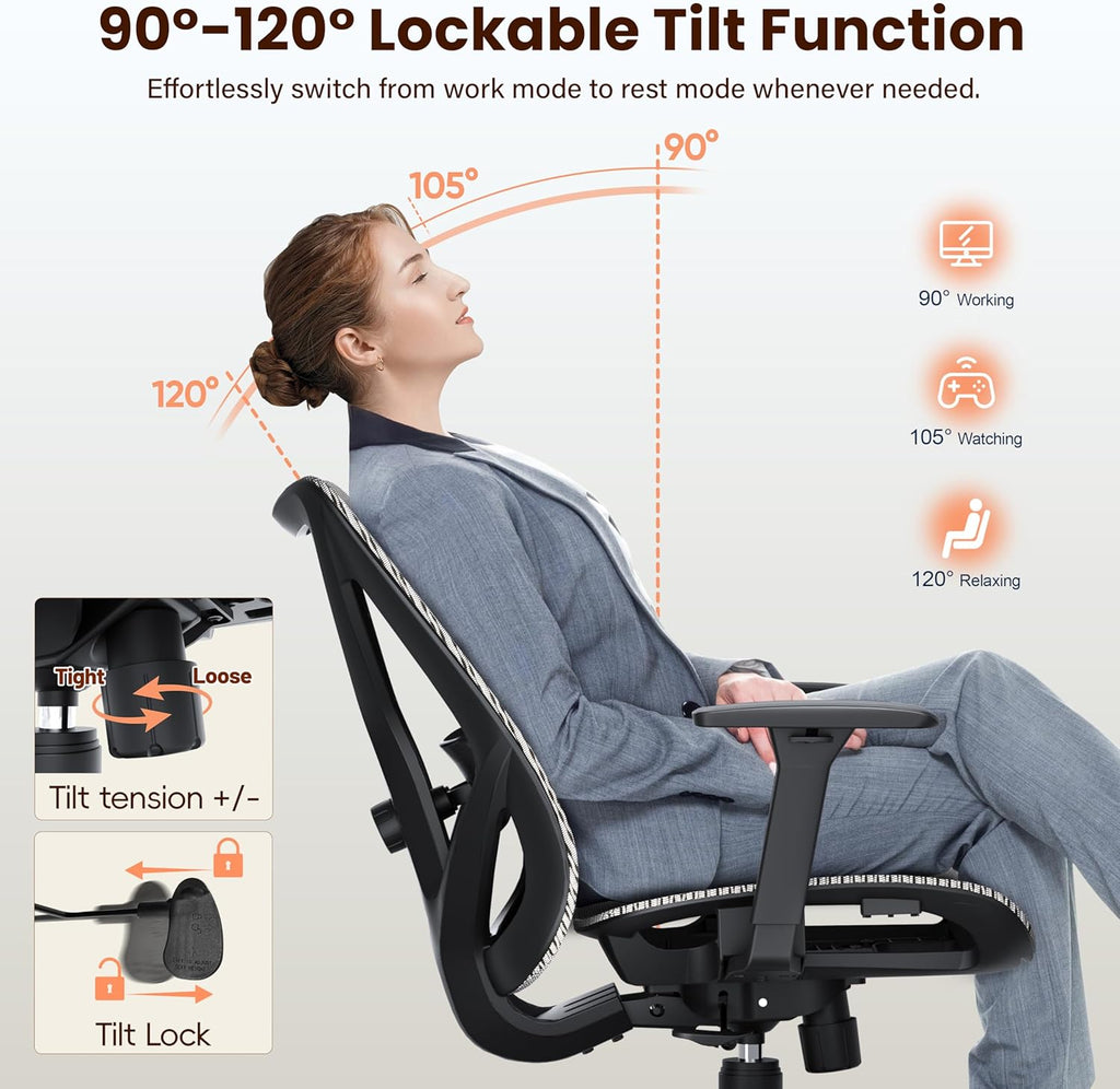 Ergonomic Office Chair, Mesh Computer Desk Chairs with Adjustable Lumbar Support, 3D Armrest, Tilt Function, Comfy Wide Seat, Executive Work Task Chair for Company & Home, Gaming Chair (Grey)