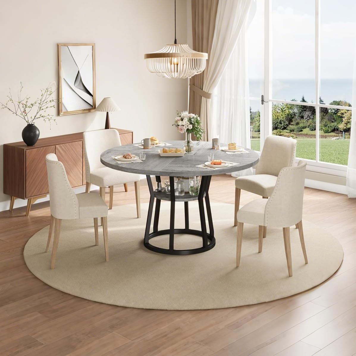 GarveeHome 47 in Inch Round Dining Table for 4, Farmhouse Dining Room Circle Dinner Table,Space Saving Wood Kitchen & Dining Room Furniture, Round Tables with Storage and Metal Legs, Grey (Only Table)