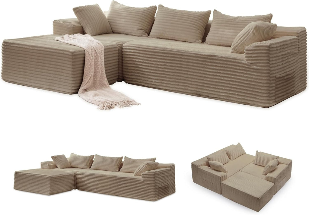 Korser 110" L-Shaped Modular Sectional Sofa with Chaise, Boneless Comfy Corduroy Fluffy Couch with Deep Seat and Side Pockets, Flexible Module Combination for Living Room, No Assembly, Side Pockets