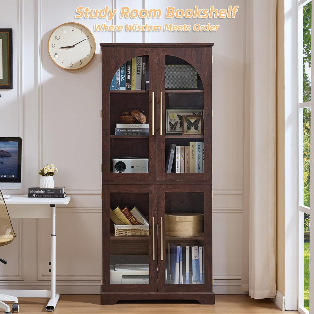 Joaxswe 72" Tall Bookshelf with 4 Curved Glass Doors, Farmhouse Bookcase with 3-Tier Adjustable Shelves, Modern Living Room Display Cabinet, Large Storage Cabinet for Home Office,Dining Room, Walnut
