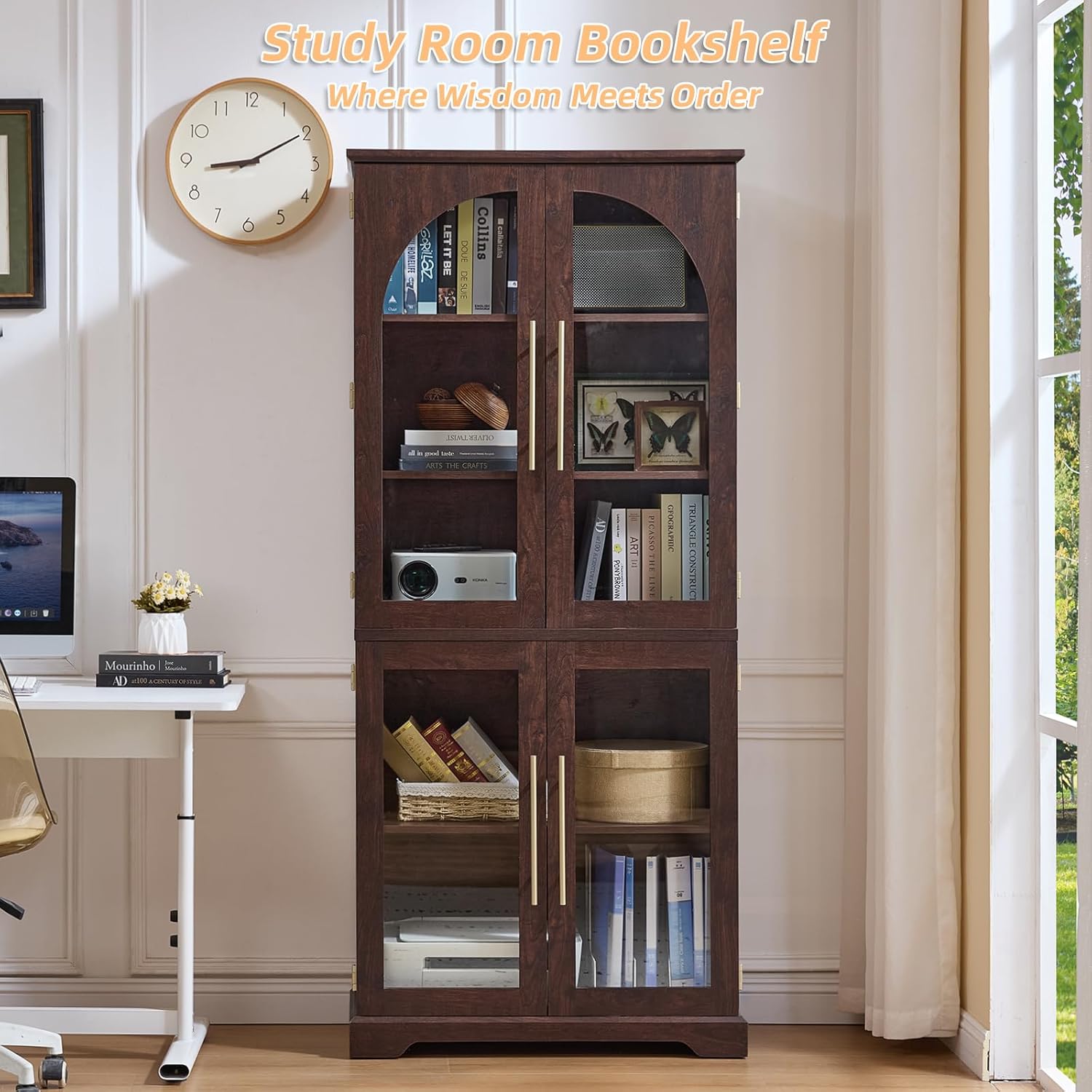 Joaxswe 72" Tall Bookshelf with 4 Curved Glass Doors, Farmhouse Bookcase with 3-Tier Adjustable Shelves, Modern Living Room Display Cabinet, Large Storage Cabinet for Home Office,Dining Room, Walnut