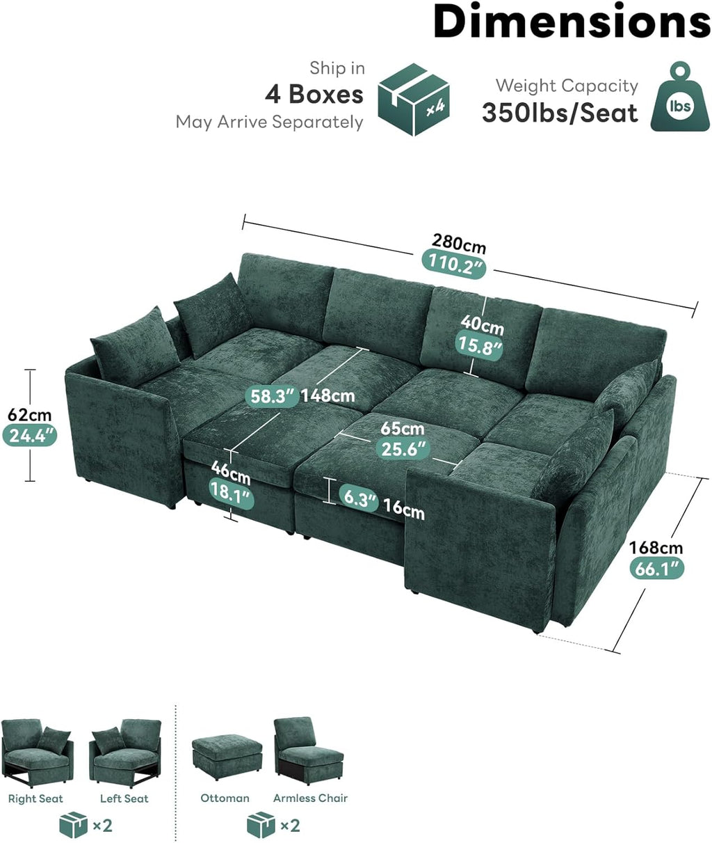Iroomy Modular Sectional Couch for Living Room, Spring Cushion Seating, Modern Convertible Cloud Sofa with Ottoman, Green | Convertible, Balanced Comfort, Soft-Strong Chenille, Apartment-Friendly