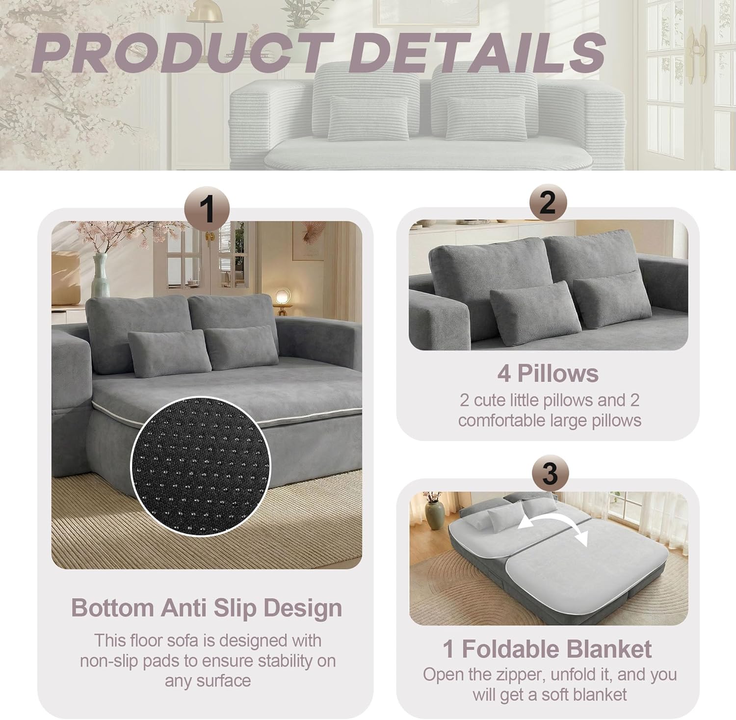 75'' Folding Sleeper Sofa Bed, Convertible Memory Foam Boneless Couch, Foldable Full Size Guest Bed, Modern 2-in-1 Futon Floor Sleeper Sofa with 4 Pillows and Blanket (Chenille, Gray1)