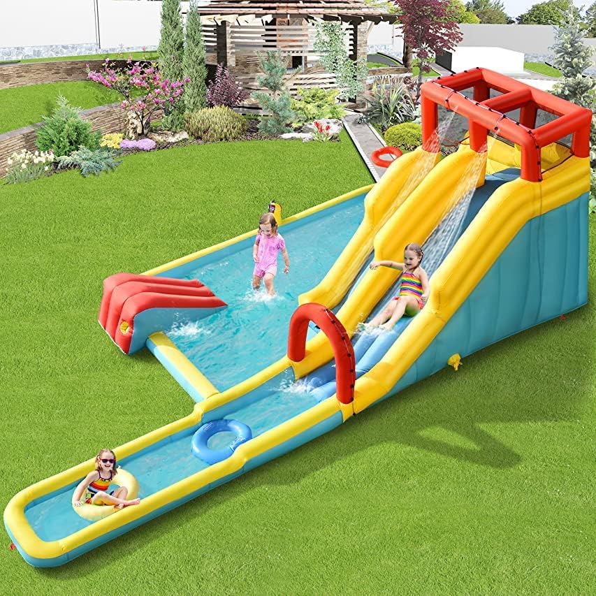 BOUNTECH Inflatable Water Slide, Dual Surfing Slides Kids Water Slide Park Jump Bouncy Castle w/2 Swimming Rings, Large Splash Pool, Blow up Water Slides Inflatables for Big Kids 3-12 Outdoor