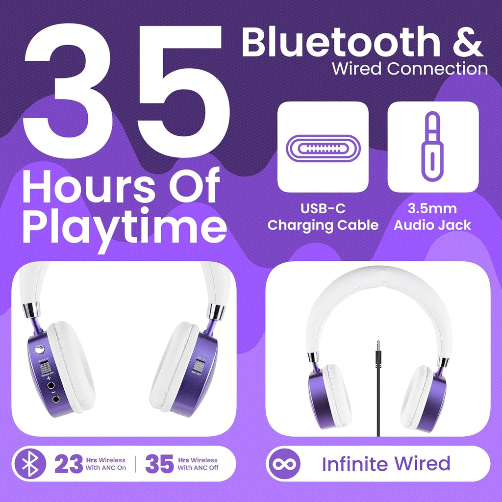 Puro Sound Labs Noise Cancelling Headphones for Kids - 85 dB Volume Limit, Built in Mic, 35-Hour Battery, Lightweight On Ear Design & Comfy Fit, Bluetooth Headphones for Kids – PuroQuiet Plus, Purple