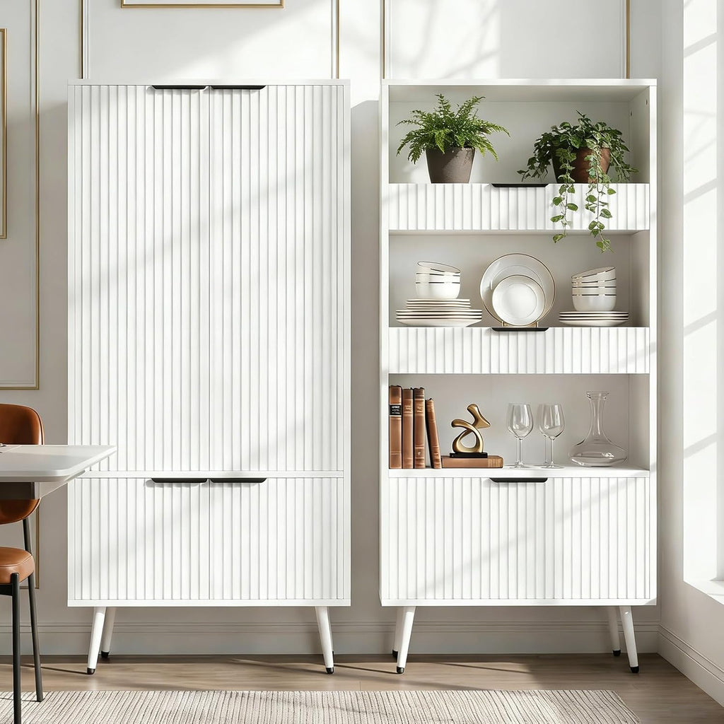 Foxemart White Fluted 51" Tall Wooden Kitchen Pantry Storage Cabinet Food Organize with Adjustable Shelves, Modern Accent Cabinet Sideboard Buffet for Dining Room, Entryway, Bathroom, Home Office