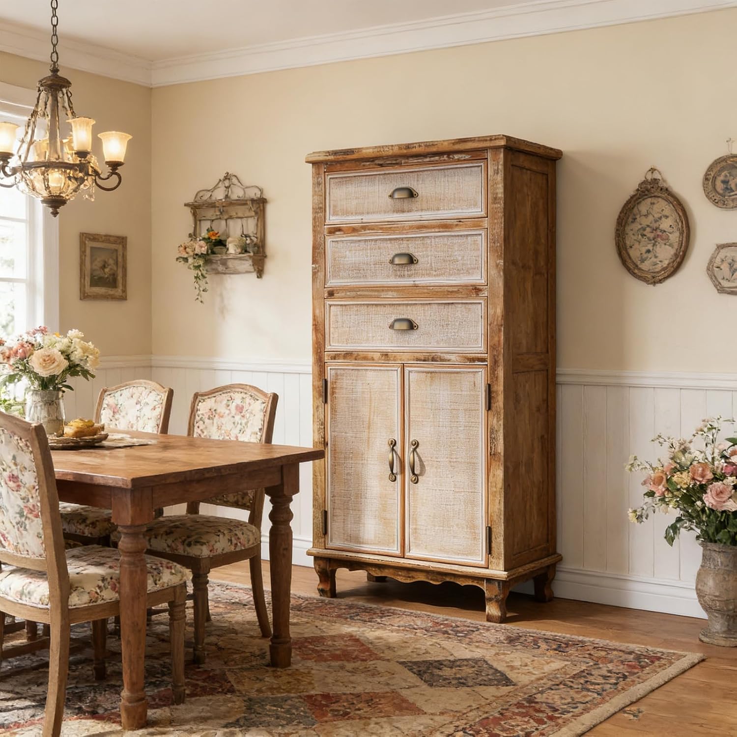 Rustic Tall Storage Cabinet - Distressed Solid Wood Frame Accent Cabinet with 3 Drawers & 2 Doors, Farmhouse Freestanding Floor Cabinet for Entryway, Living Room, Hallway