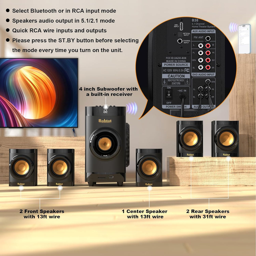 Bobtot Small Subwoofer Home Theater for TV Surround System 5 Wired Speakers Amplifier 4 inch Woofer Built-in Receiver Support ARC Optical Bluetooth Input for Projector