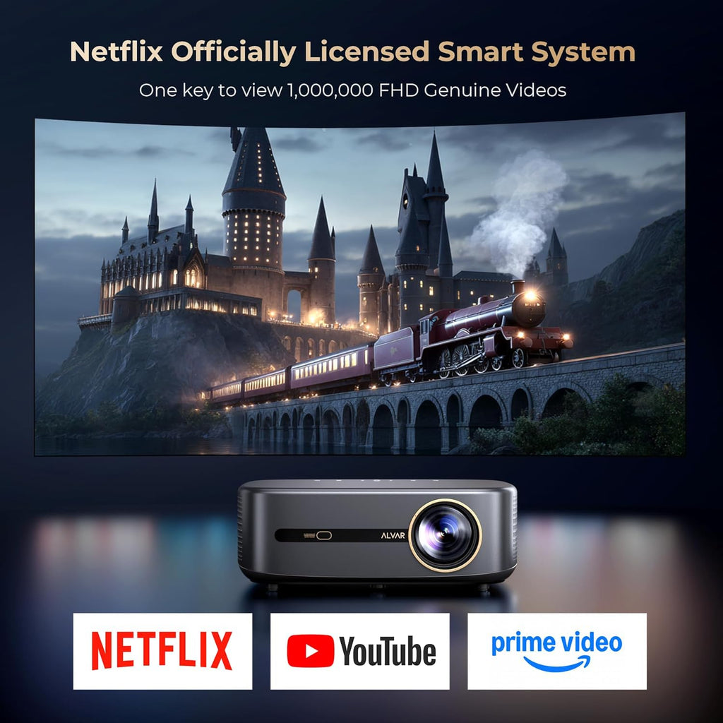2500 ANSI & 30W Speakers Alvar 4K Support Projector with WiFi 6 and Bluetooth, dbx-tv Sound, Built in NetfIix App & DoIby Audio Outdoor Proyector, Auto Focus & Keystone Native 1080P Smart Projector