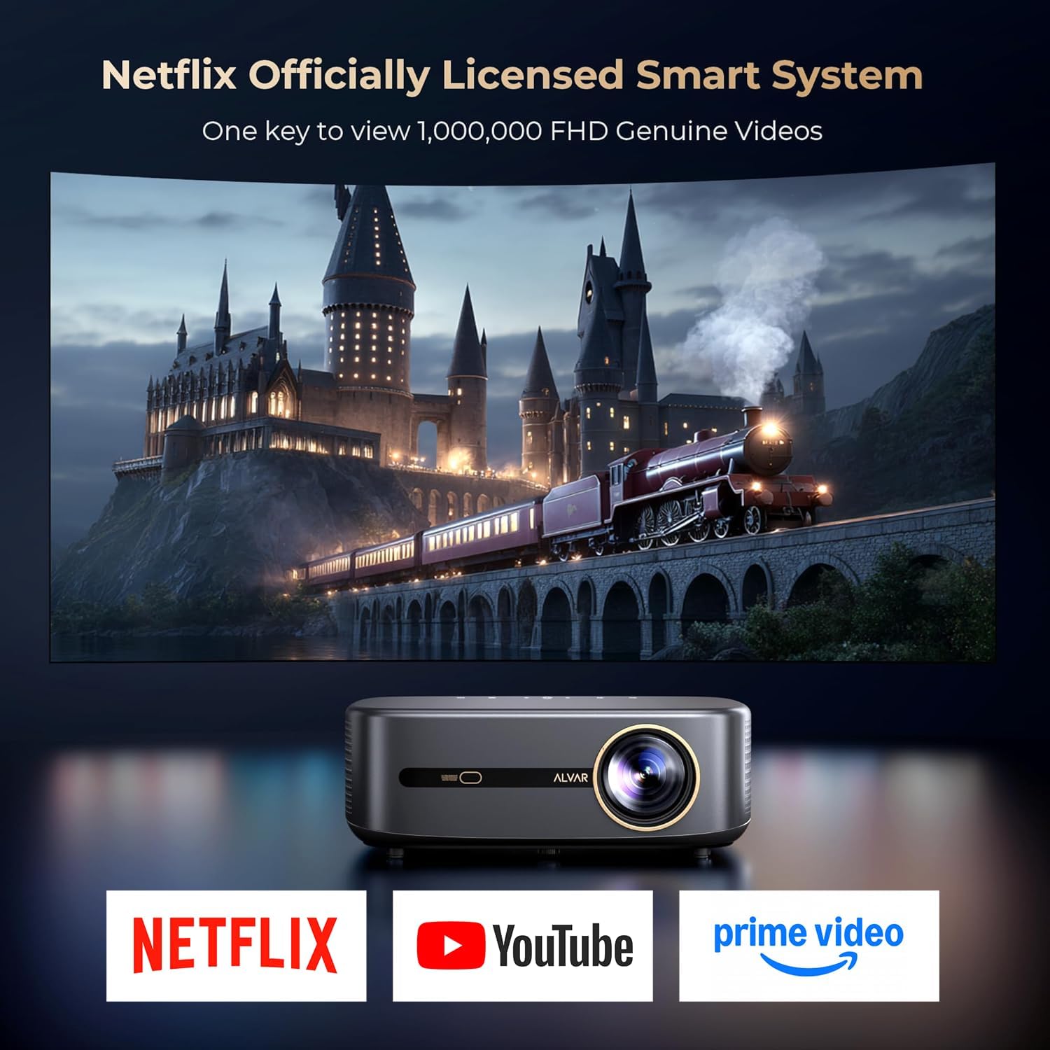 2500 ANSI & 30W Speakers Alvar 4K Support Projector with WiFi 6 and Bluetooth, dbx-tv Sound, Built in NetfIix App & DoIby Audio Outdoor Proyector, Auto Focus & Keystone Native 1080P Smart Projector