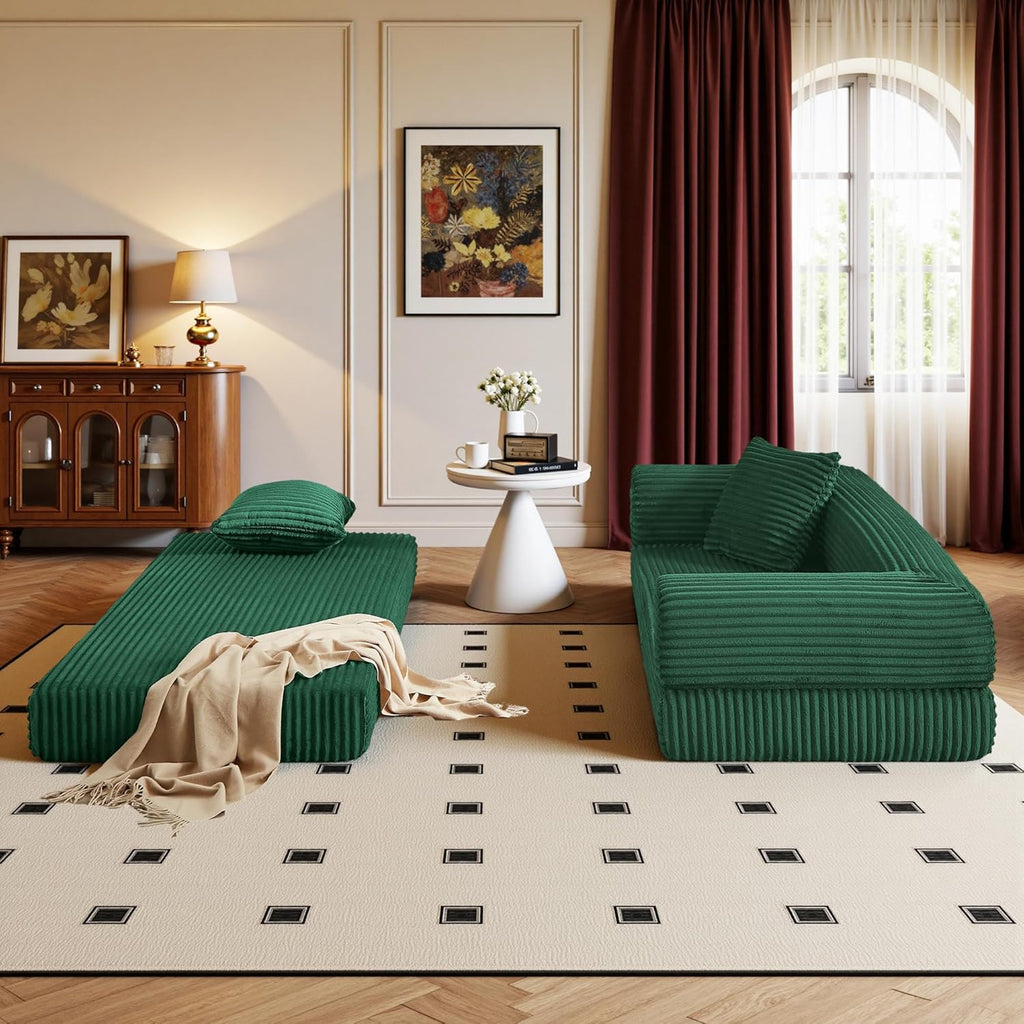 Boneless Couch Versatile Couches for Living Room No-Install Sofa Bed Corduroy Futon Soft Cloud Couch with Pillows for Bedroom Game Movie (Green, 76")