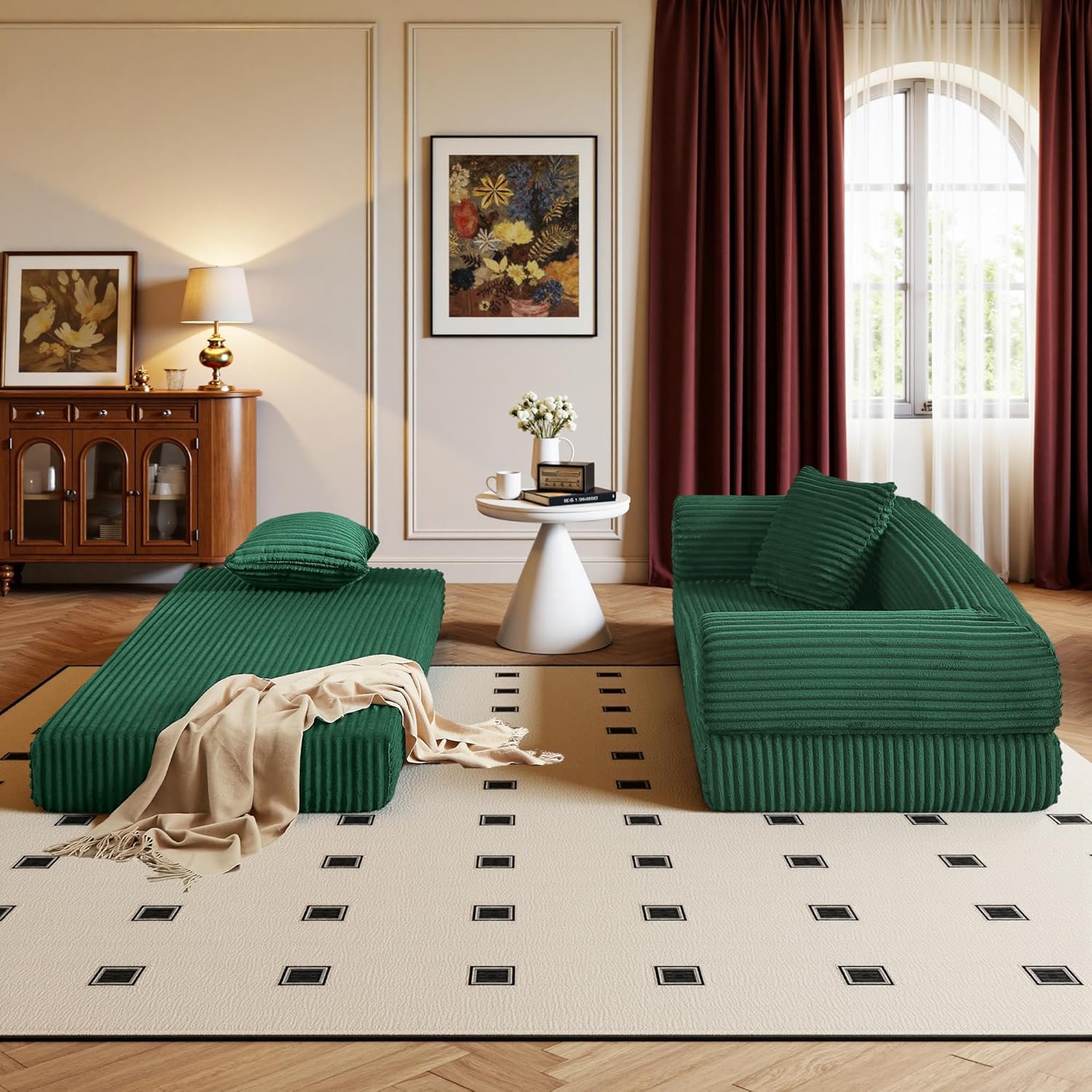 Boneless Couch Versatile Couches for Living Room No-Install Sofa Bed Corduroy Futon Soft Cloud Couch with Pillows for Bedroom Game Movie (Green, 76")